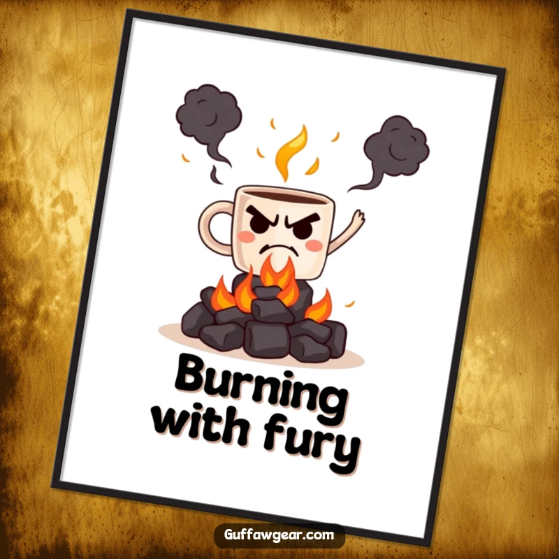 Funny digital art print of a scowling coffee mug juggling burning hot coals, a visually intense and humorous illustration.