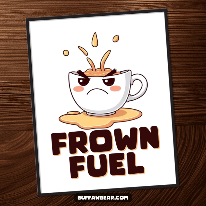 Funny Digital Art Print of a grumpy teacup spilling its contents with a comical frown, ideal for wall decor.
