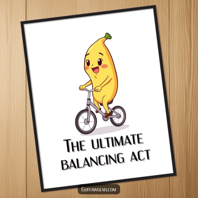 Funny digital art print of a happy banana character riding a tiny unicycle, offering instant cheerful and humorous wall decor.