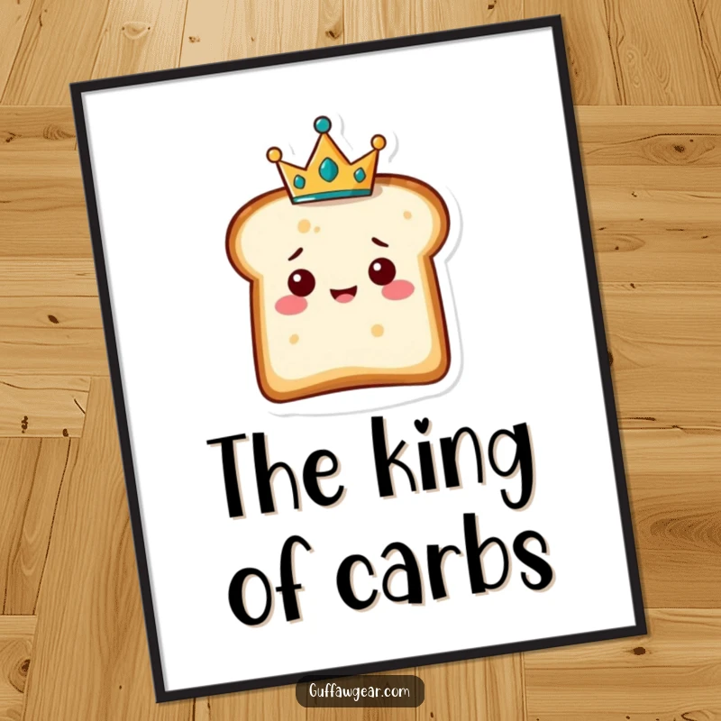 Funny digital art print of a delighted slice of bread character wearing a tiny crown, offering instant whimsical and royal wall decor.