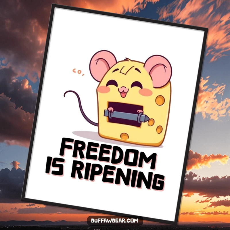 Funny digital art print of a giggling cheese wedge character escaping a tiny mouse trap, offering instant humorous food-themed decor.