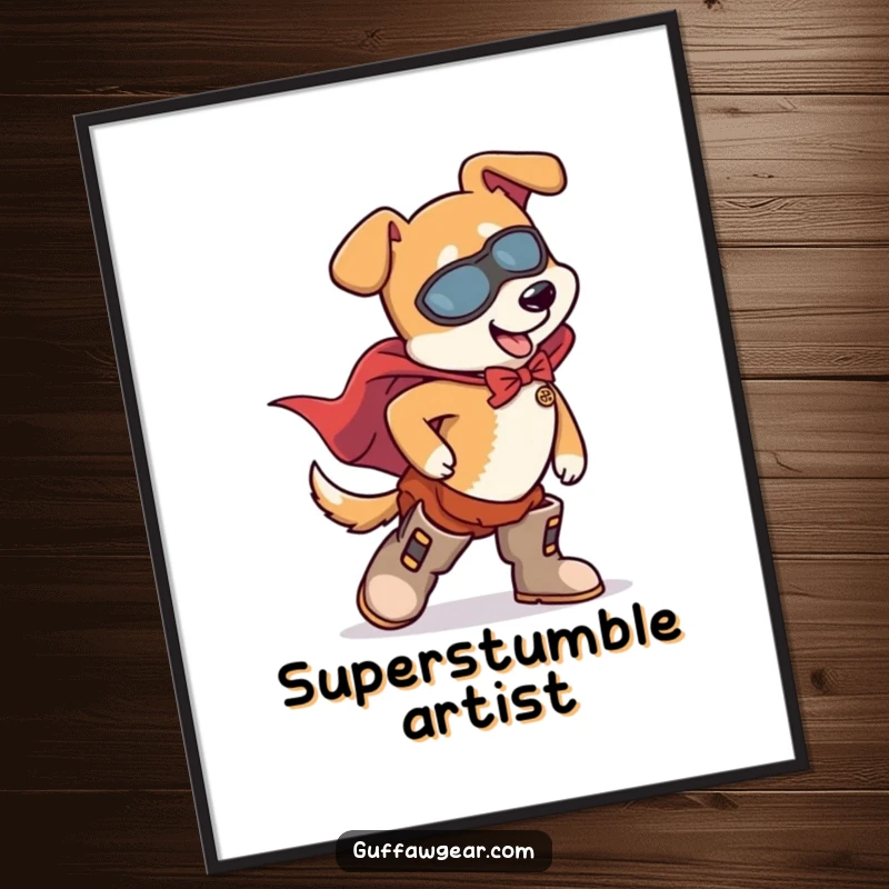 Funny Dog Superhero Digital Art Print: A humorous scene of a dog in a cape tripping over its oversized boots.