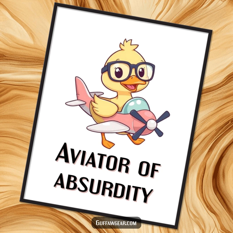 Funny digital art print of a duck wearing large glasses, comically flying a small airplane, ready for printing.