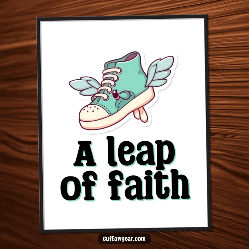 Funny shoe character with mismatched wings comically attempting flight, offered as downloadable digital art for instant, whimsical, and humorous wall decor.
