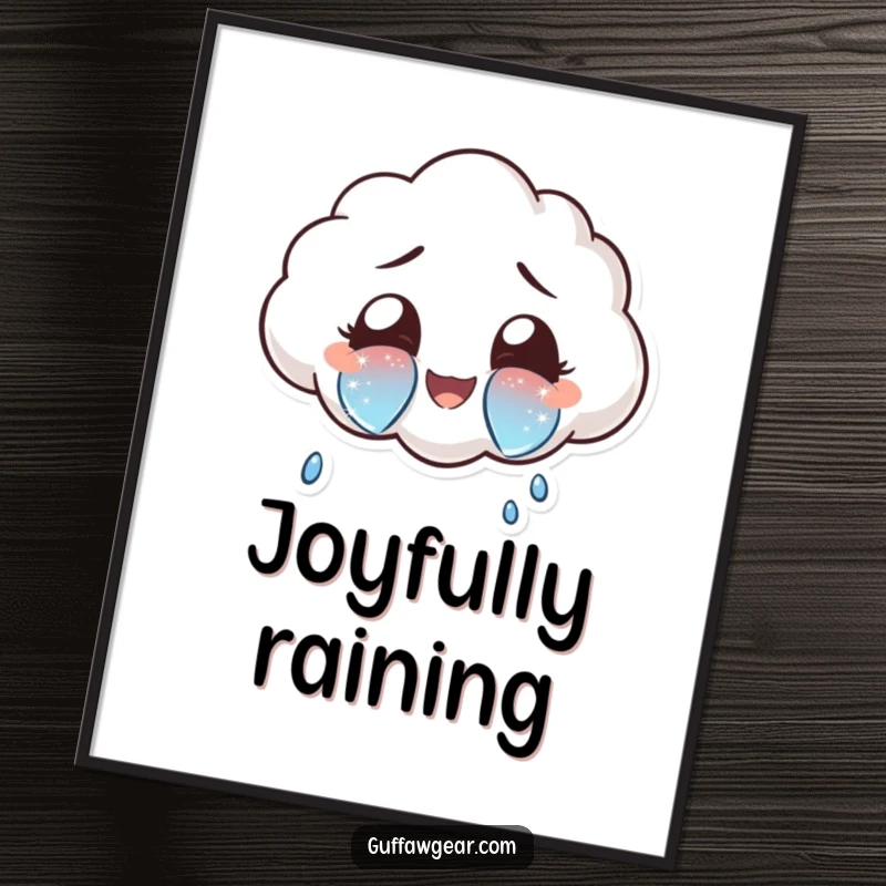 Funny cloud character crying oversized, sparkly tears of joy, presented as downloadable digital art for instant, uplifting, and humorous wall decor.