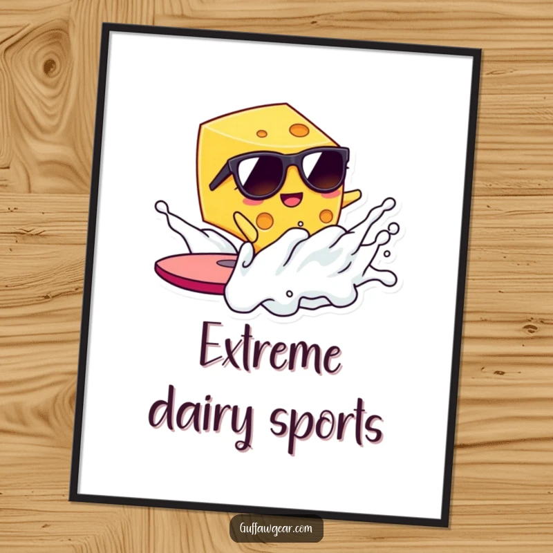 Funny Kawaii cheese surfer on a milk wave, a humorous digital art file for instant download and printing.