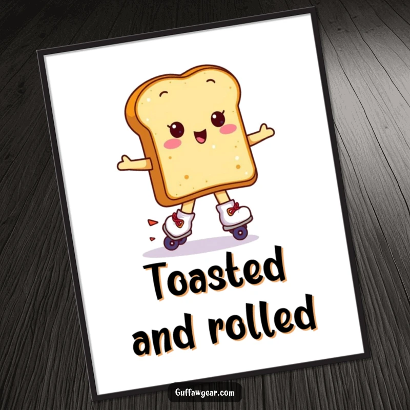Funny Kawaii toast wearing roller skates attempting a spin, a humorous digital art file for instant download.