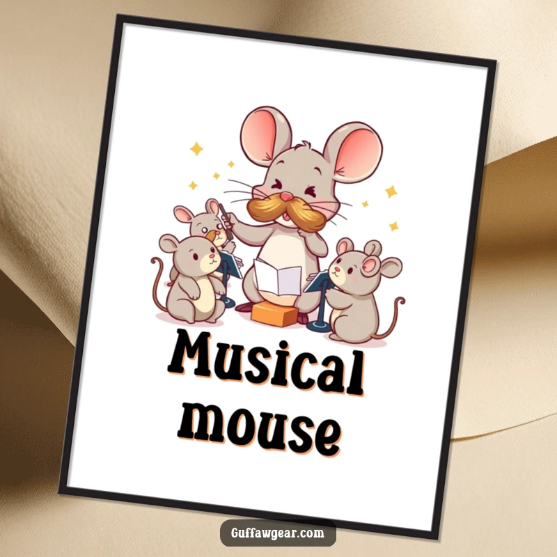 Funny Maestro Mouse Digital Art: A mouse with a large mustache comically conducts squeaky toys, a hilarious and sophisticated printable artwork.