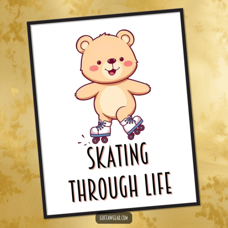 Funny digital art print of a smiling bear wearing roller skates, comically wobbling but happy, ready for printing.