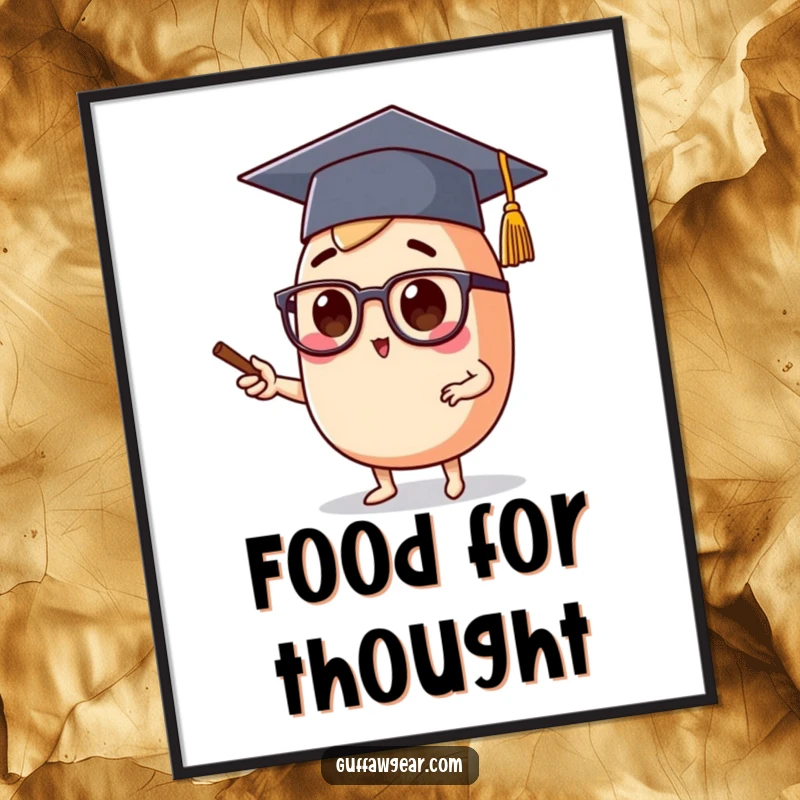 Funny digital art print of a food character wearing a graduation cap and spectacles, lecturing with an inspiring educational aura.