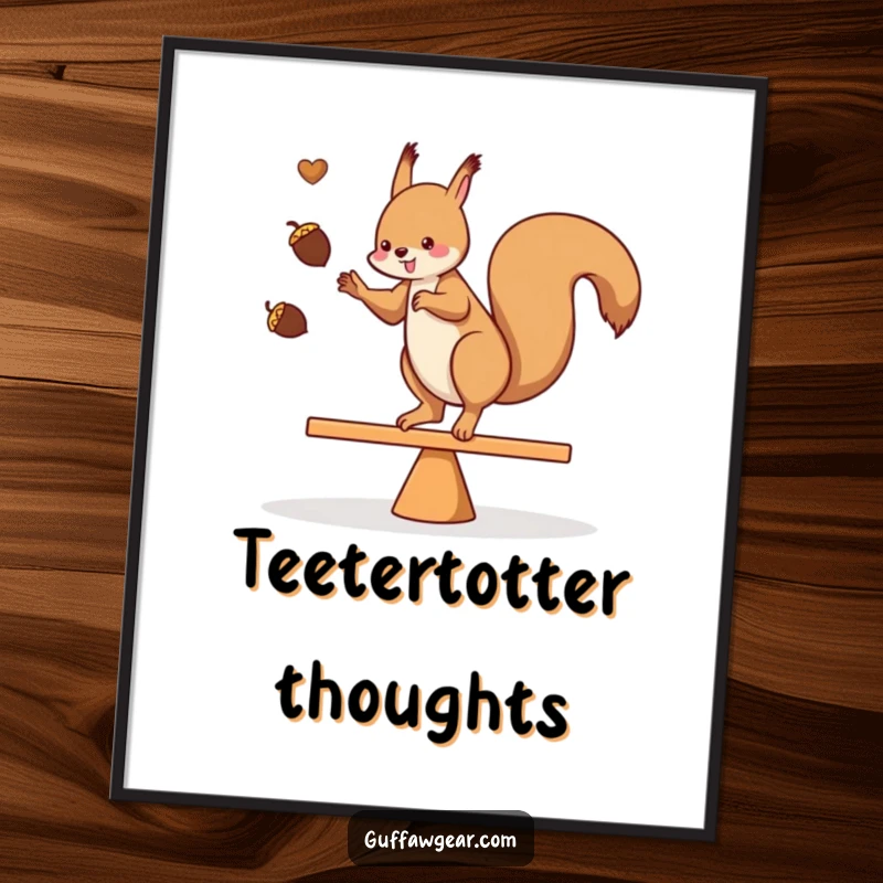 Funny digital art print of a squirrel juggling acorns while balancing on a teeter-totter, ready for printing.