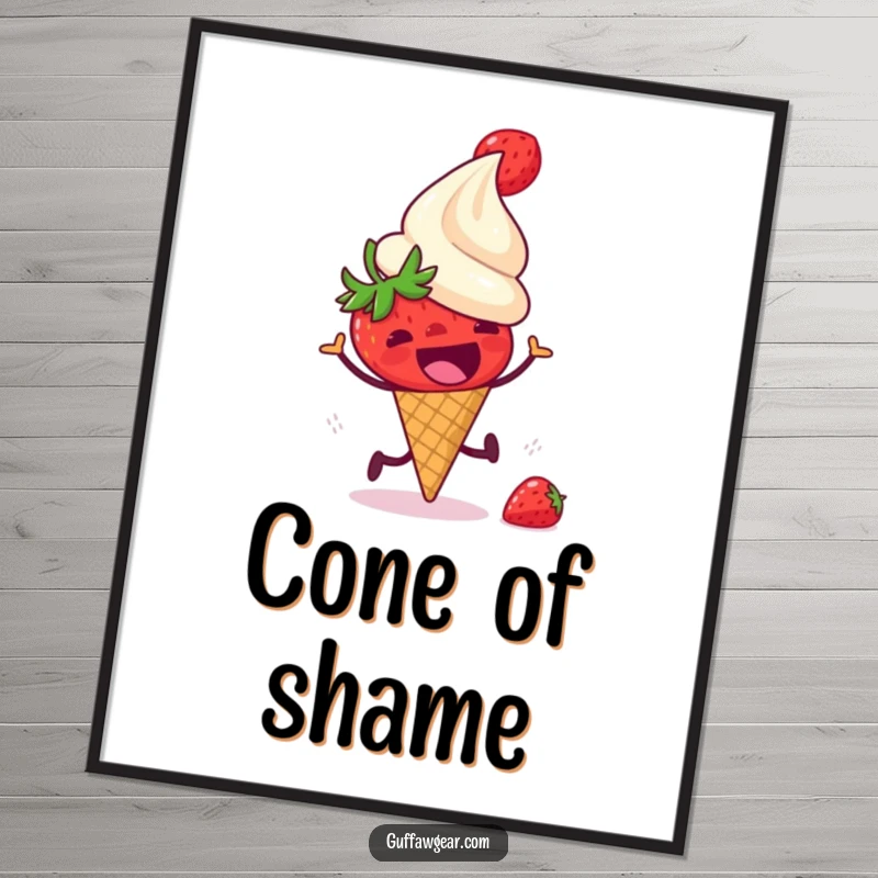 Funny digital art print of a startled strawberry running from a laughing ice cream cone, offering humorous food-themed decor and sweet charm.