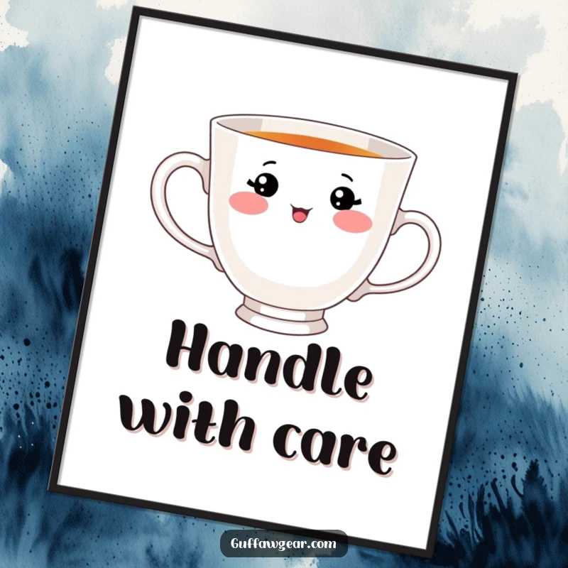 Funny digital art print of a teacup with an adorable face, comically trying to drink from its own handle, perfect for whimsical decor.