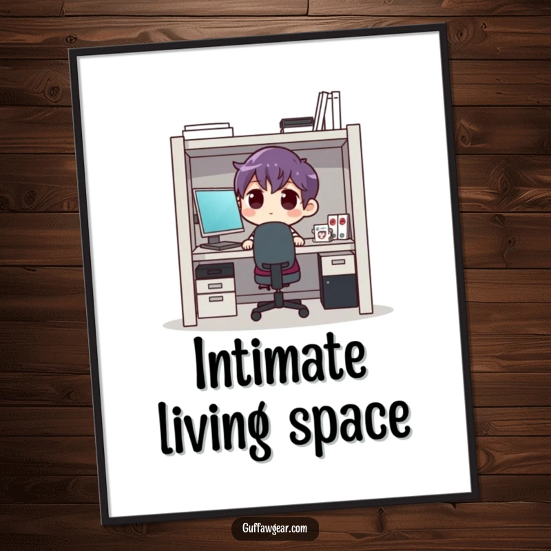 Funny character digital art print, illustrating someone comically fitting into a tiny office cubicle, adding humorous decor to any space.