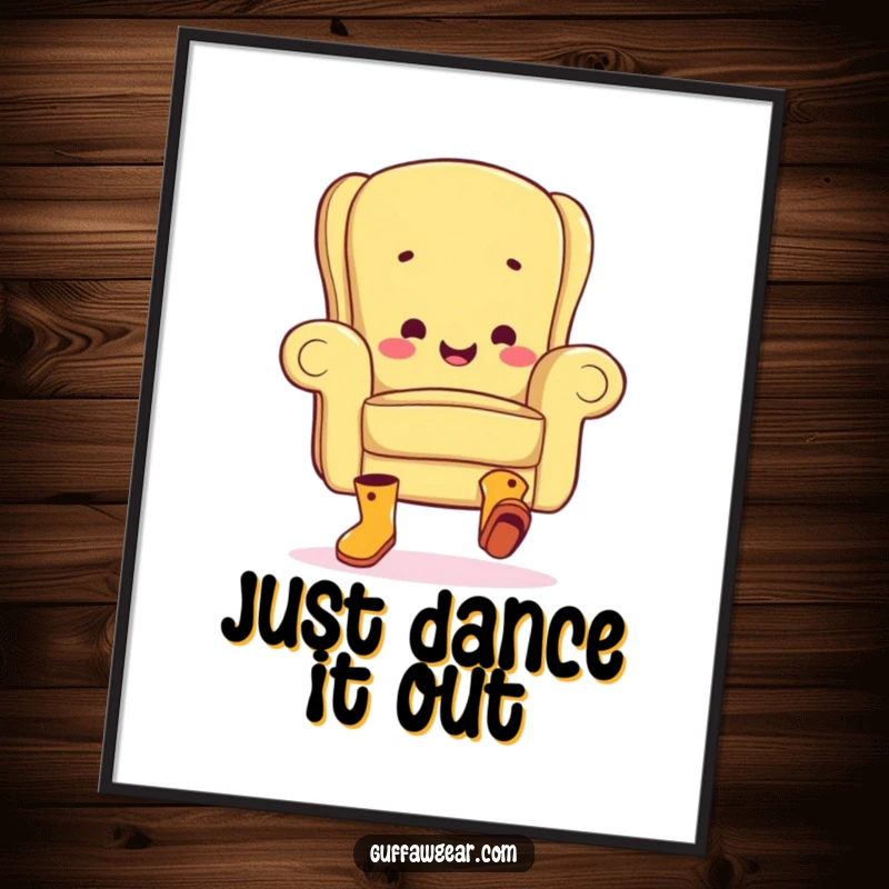 Funny digital art print of a joyful armchair character in boots, performing a clumsy jig, perfect for vibrant and humorous wall decor.
