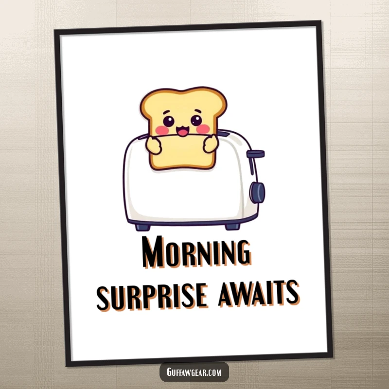 Funny digital art print of a happy toast character popping out of a toaster with a surprised face, a humorous decoration.