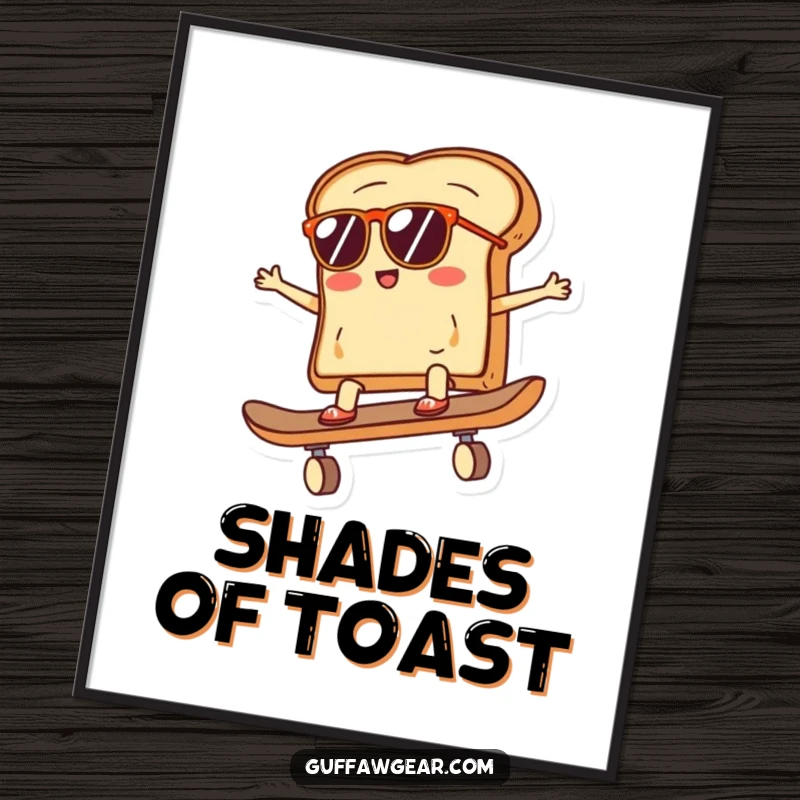 Funny digital art print of a slice of toast wearing sunglasses, riding a skateboard, offering humorous cool vibes and breakfast-themed charm for wall decor.