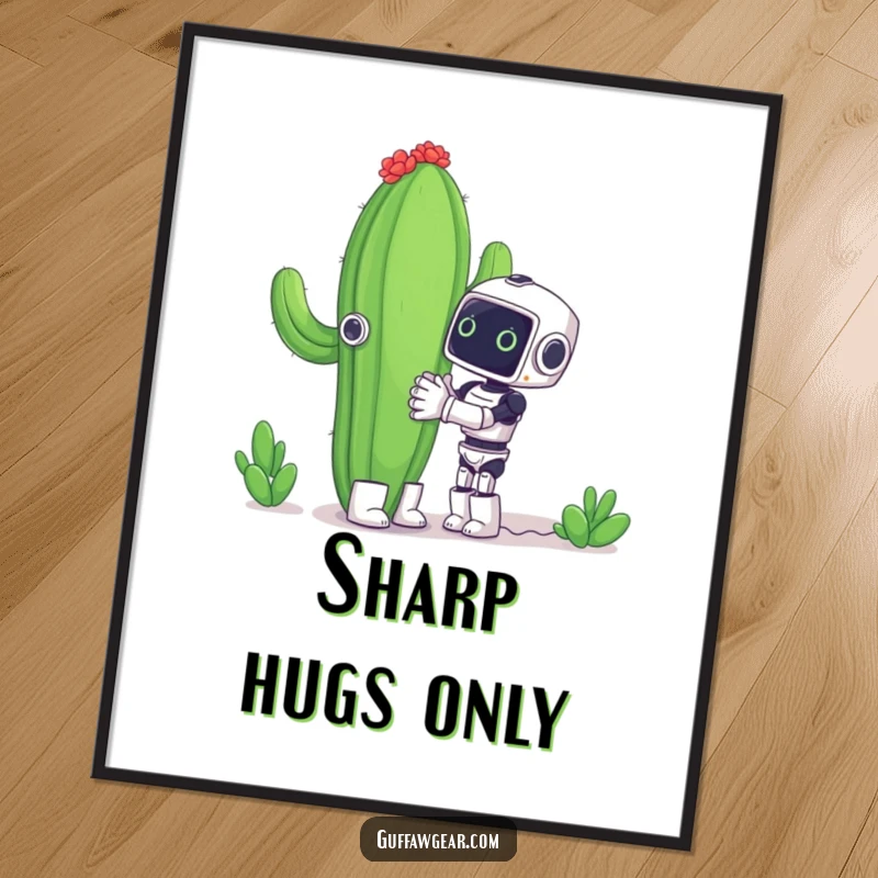 Funny digital art print of a small robot attempting to hug a large cactus, a humorous and heartwarming illustration.