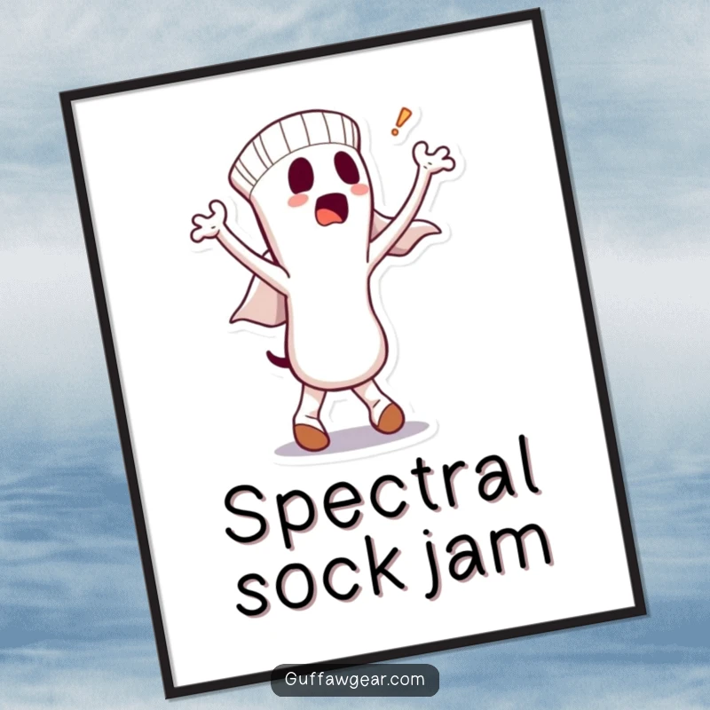 Funny digital art print of a dancing sock character with a bewildered ghostly figure emerging, ready to be printed and framed for humor.