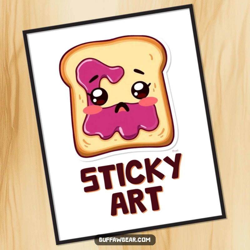 Funny toast with jam running down its face, looking startled, available as a downloadable digital art print.