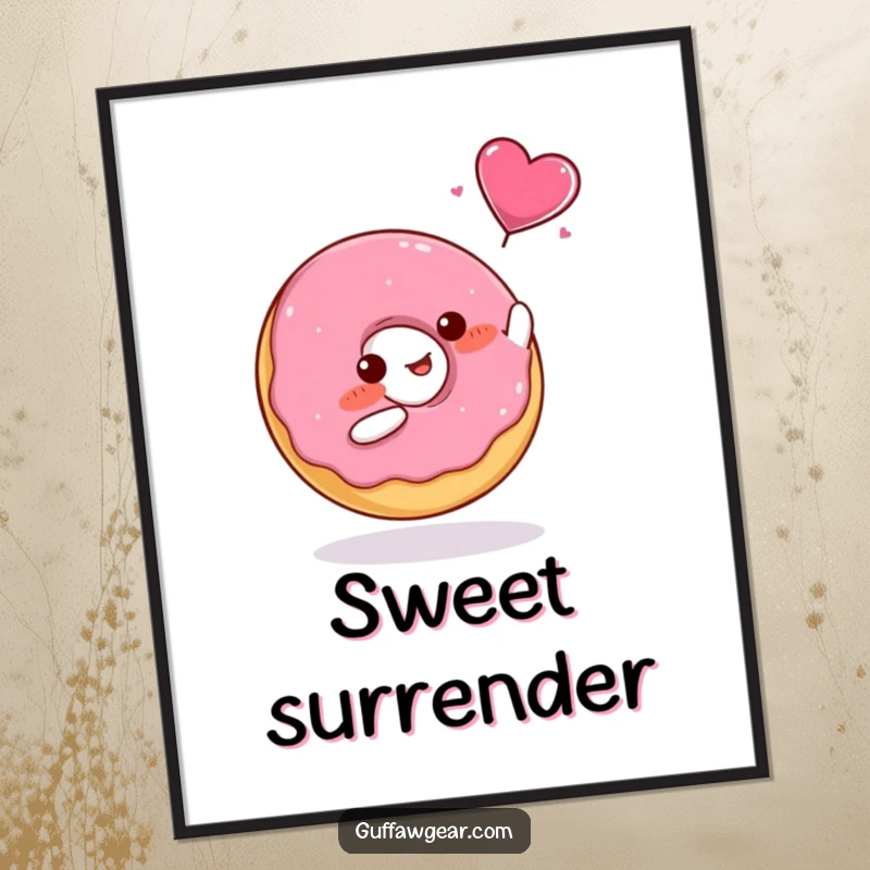 Funny Digital Art Print of a blushing donut catching a flying candy heart, great for wall decor.