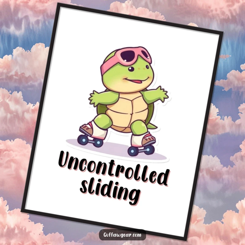 Funny Turtle Roller Skate Digital Art: A turtle comically slides uncontrollably on roller skates, a hilarious and dynamic printable artwork.