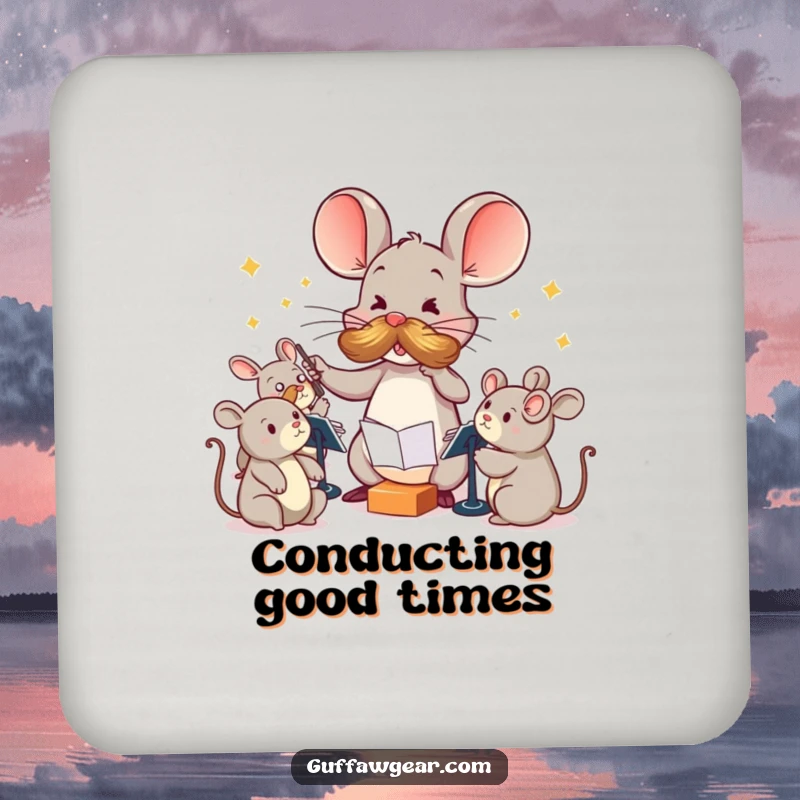 Funny Maestro Mouse Coaster: A mouse with a large mustache comically conducts squeaky toys, a humorous coaster to protect surfaces.