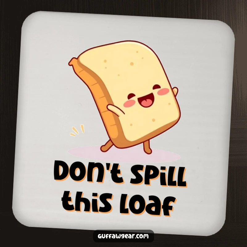 Funny drink coaster depicting a loaf of bread mid-cartwheel and falling over, a humorous addition to tabletops.