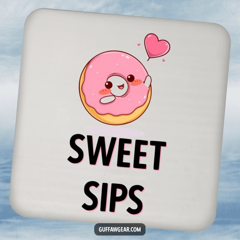 Funny Coaster with a blushing donut catching a flying candy heart, protecting surfaces with charm.