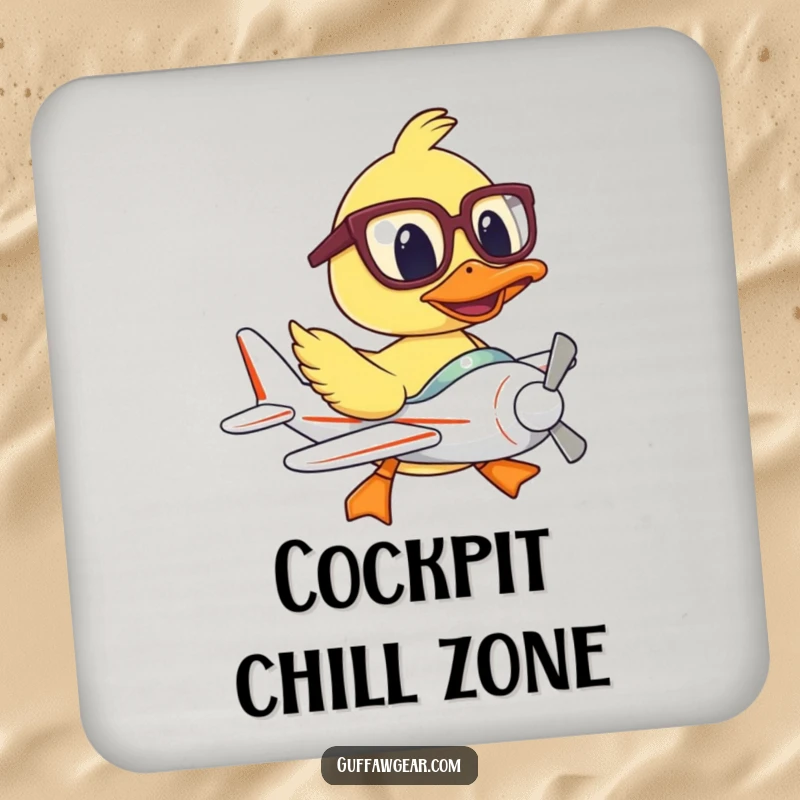 Funny drink coaster featuring a duck pilot with large glasses attempting to fly a tiny plane, protecting surfaces humorously.