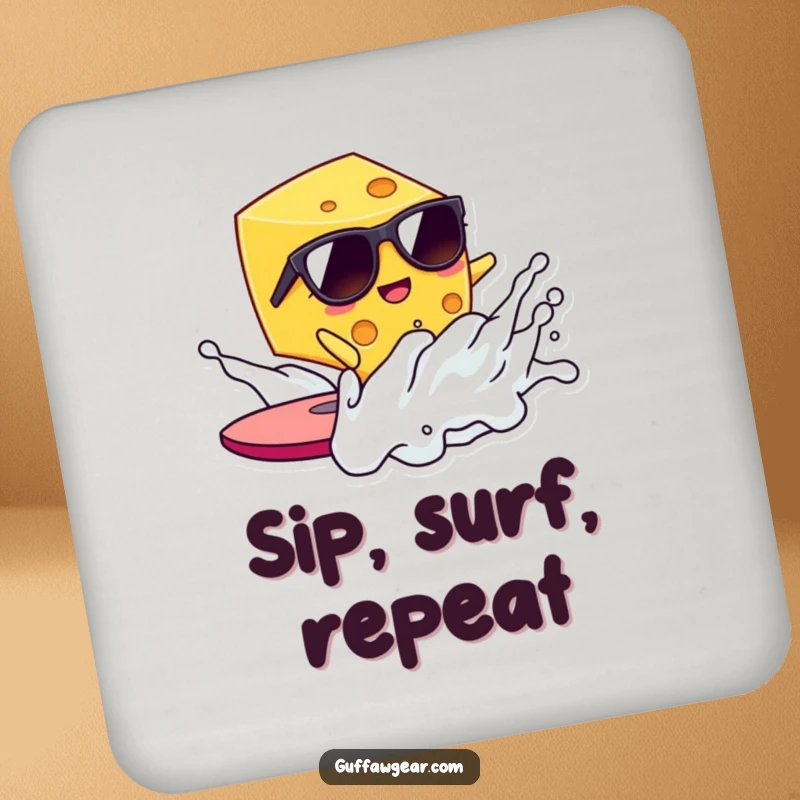 Funny Kawaii cheese wearing sunglasses surfs a milk wave, a humorous drink coaster for tables.