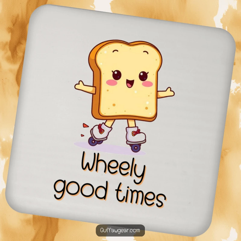 Funny Kawaii toast wearing roller skates attempting a spin, a humorous drink coaster for tables.