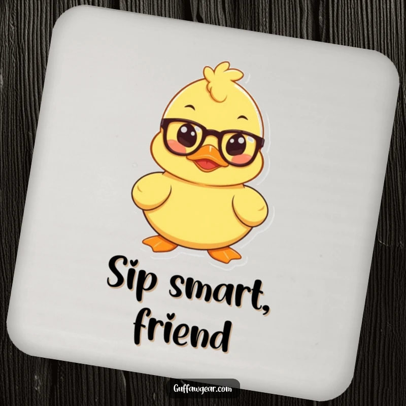 Funny drink coaster with a mischievous rubber duck wearing spectacles, plotting, protecting surfaces with intellectual humor.