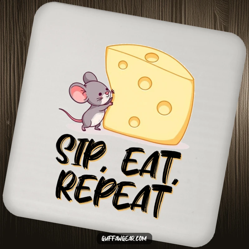 Funny drink coaster showing a mouse lifting a giant Swiss cheese, protecting surfaces with a humorous display of strength.