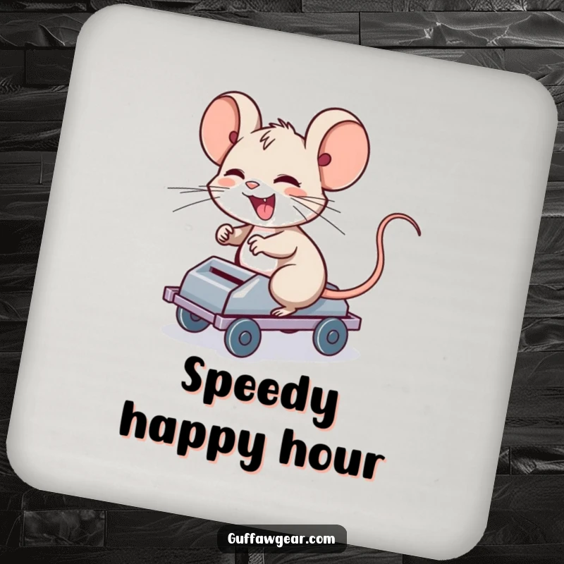 Funny Computer Mouse Coaster: A giggling computer mouse riding a rolling mouse trap, protecting surfaces with humor.