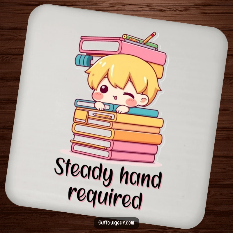 Funny drink coaster depicting a character attempting to balance a stack of office supplies, a humorous accessory for tables.