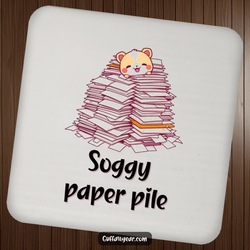 Funny drink coaster depicting an animal character tripping over a large stack of papers, a humorous accessory for tables.
