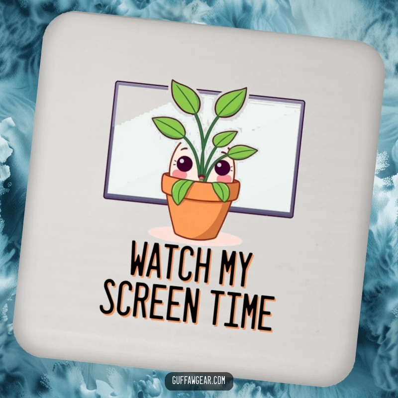 Funny drink coaster featuring a surprised potted plant peeking over a computer monitor, protecting surfaces with a humorous touch.