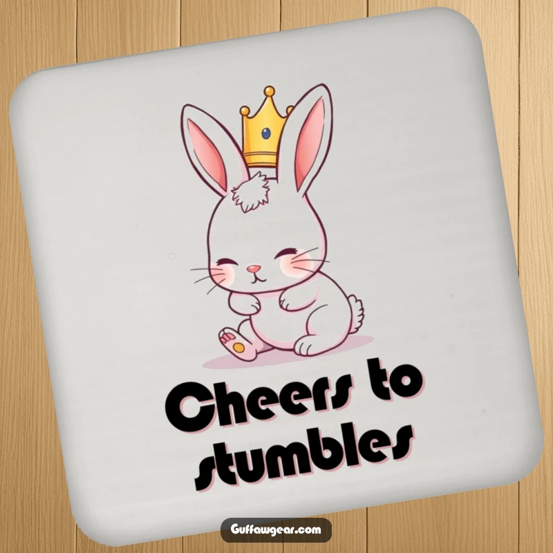 Funny Rabbit Coaster featuring a cute rabbit in a tiny crown, comically tripping over its ears, adding charm to tables.