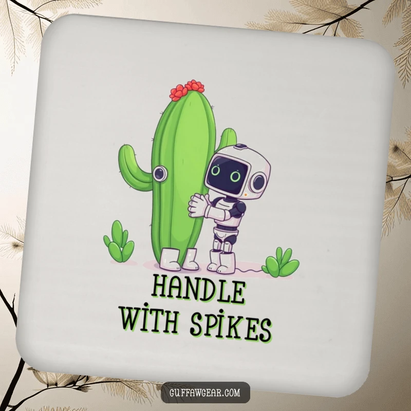 Funny drink coaster with a small robot enthusiastically hugging a giant cactus, a humorous addition to any tabletop.