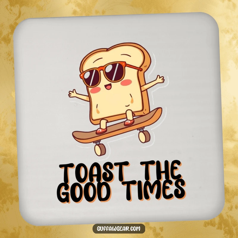 Funny drink coaster with a slice of toast wearing sunglasses, riding a skateboard, protecting surfaces with a humorous and cool breakfast-themed illustration.