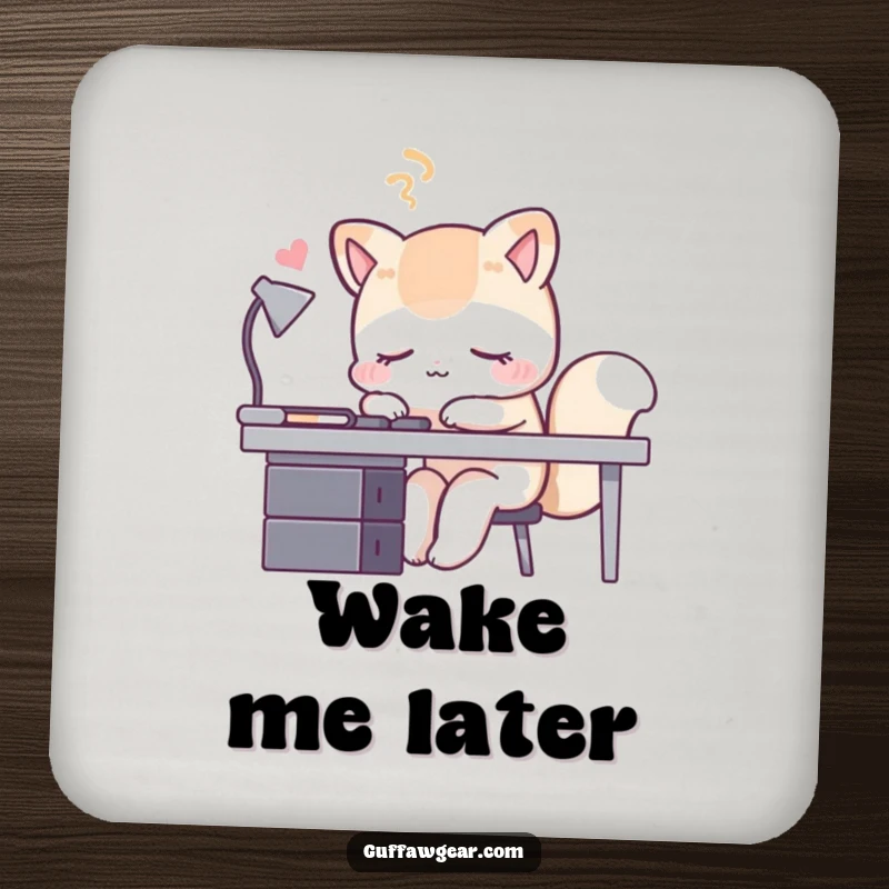 Funny sleeping fox drink coasters, featuring a charming illustration of a fox appearing asleep at its desk, protecting surfaces humorously.