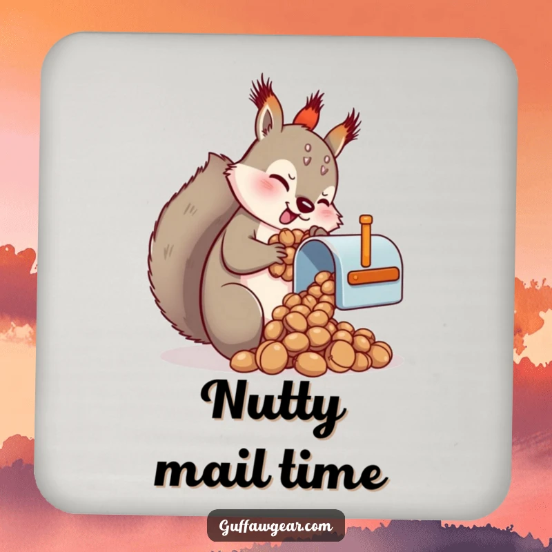 Funny Squirrel Coaster: A humorous illustration of a squirrel comically trying to fit nuts into a tiny mailbox.