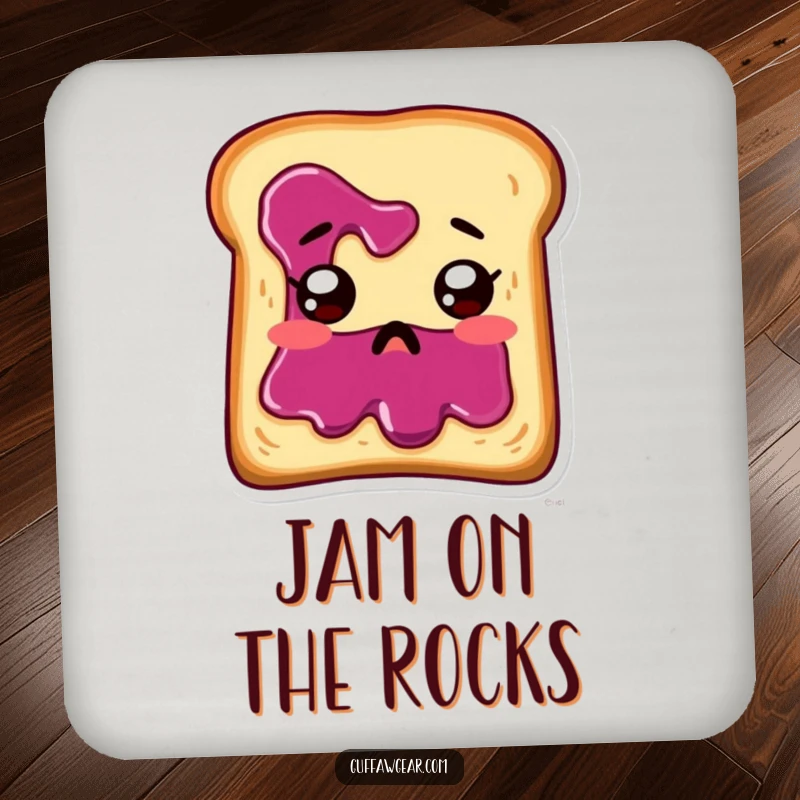 Funny toast with jam running down its face, looking startled, on a functional drink coaster.