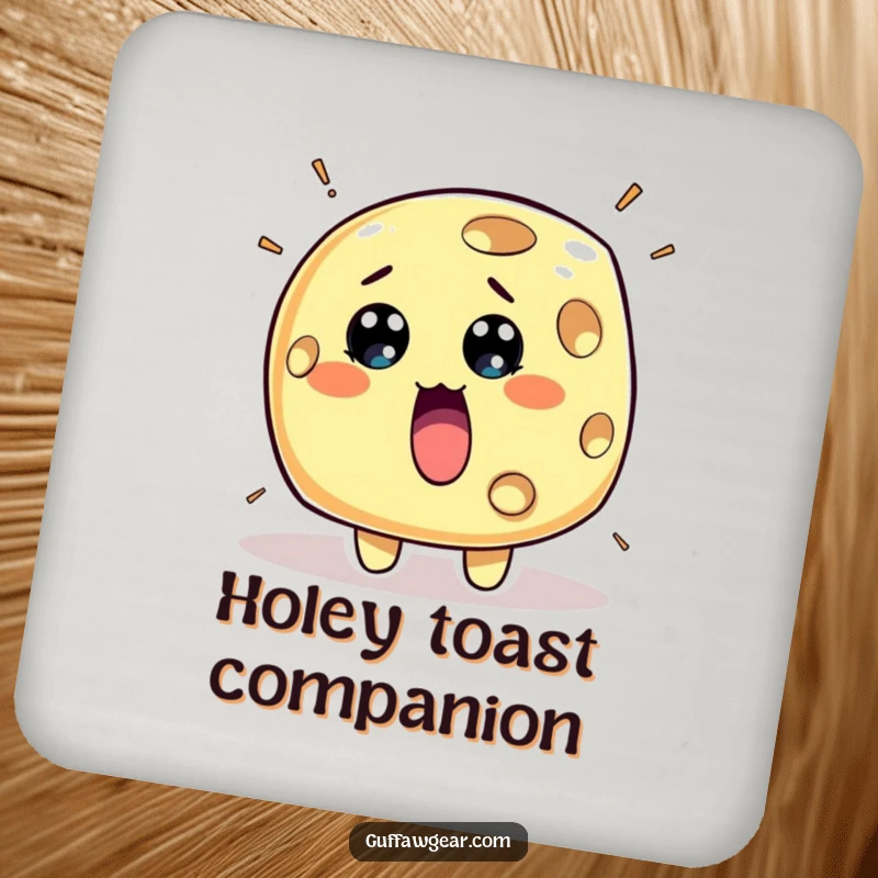 Funny Cheese Coaster: A surprised piece of cheese character with holes rapidly appearing, protecting surfaces with humor.