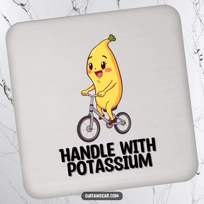 Funny drink coaster featuring a happy banana character riding a tiny unicycle, adding a cheerful and humorous touch to table protection.