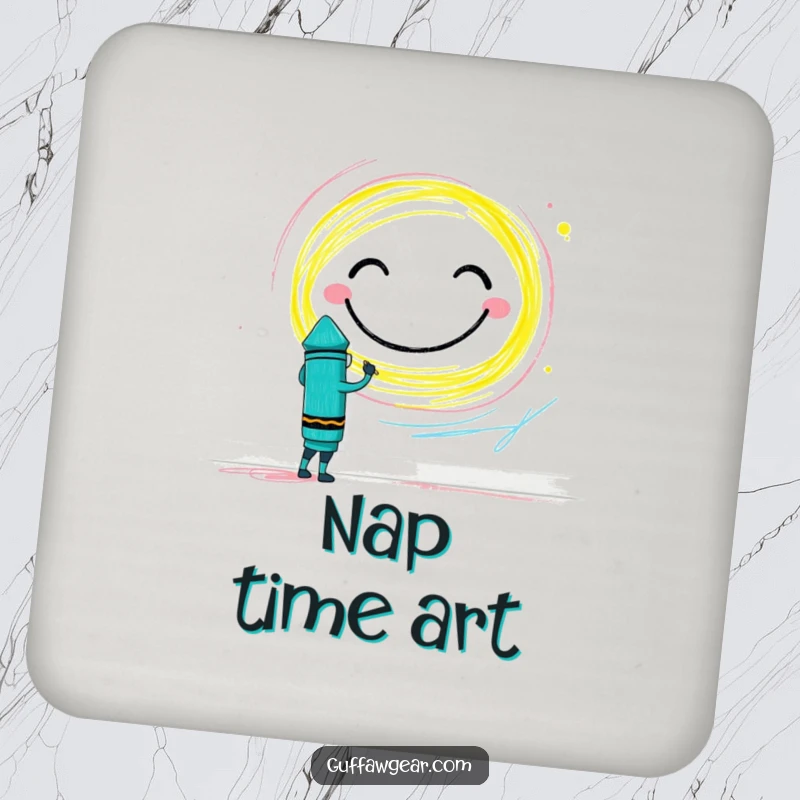 Funny Crayon Coaster: A brave crayon character drawing a giant smiley face on a wall, protecting surfaces with art.