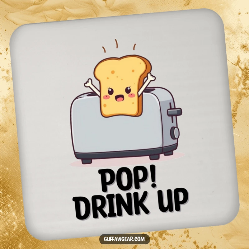 Funny Toast Coaster: A startled piece of toast character leaping out of a toaster, protecting surfaces with humor.