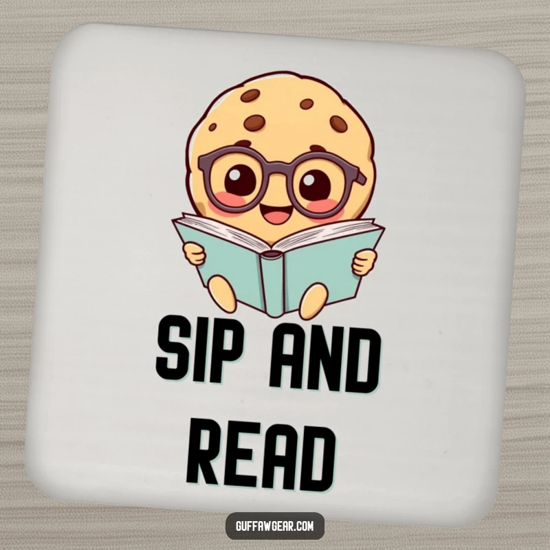 Funny smiling cookie character wearing tiny glasses, reading a giant book, printed on a protective drink coaster.