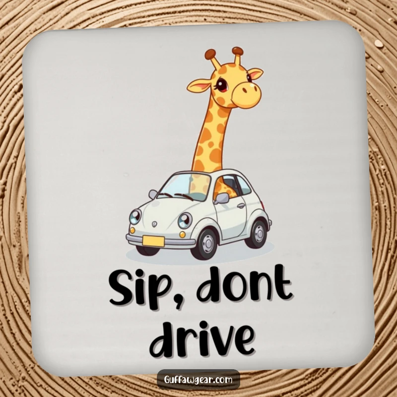 Funny drink coaster illustrating a giraffe awkwardly crammed into a tiny car, protecting surfaces with humorous charm.